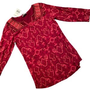 *NWT Lucky Brand Embroidered Boho Red Arabesque Print 3/4 Sleeve Split Neck Top